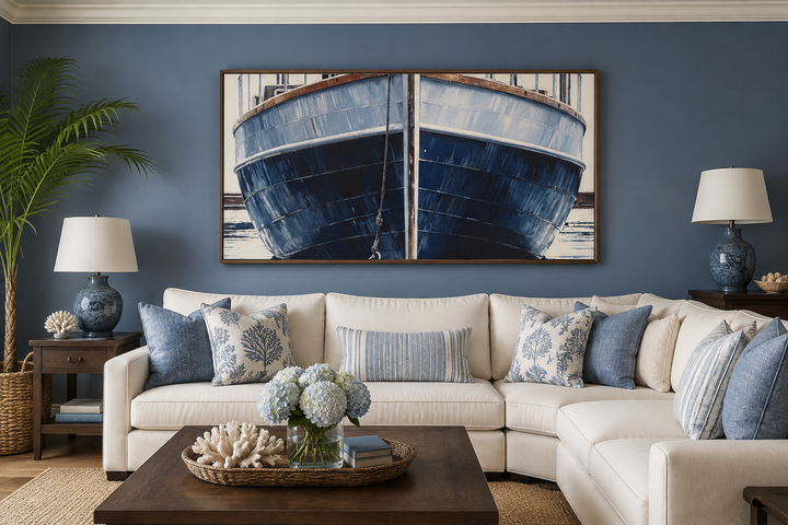 Navy blue rustic boat framed canvas wall art hanging above a white sectional sofa in a living room.