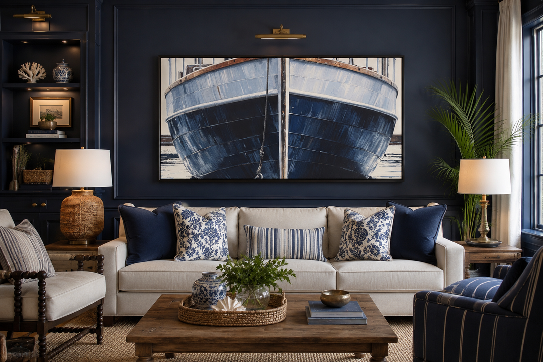 Large framed canvas wall art featuring a close-up of a rustic navy blue boat in a coastal living room