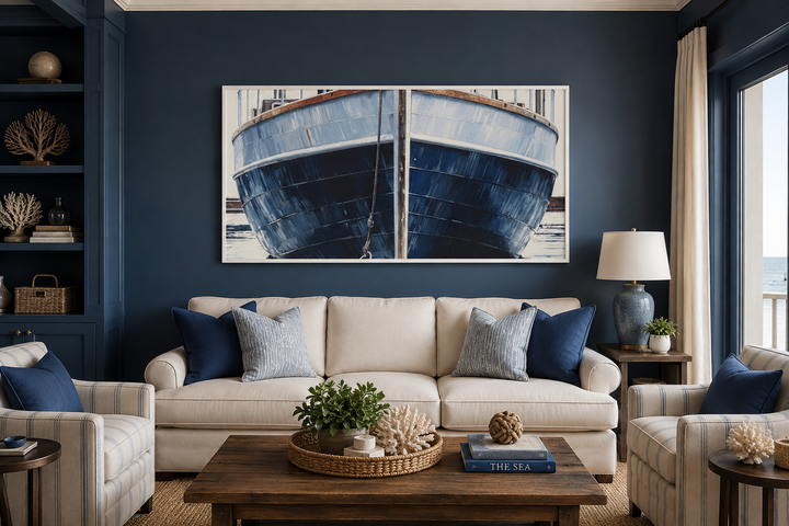 Large framed canvas wall art of a rustic navy blue boat hull centered above a cream sofa.