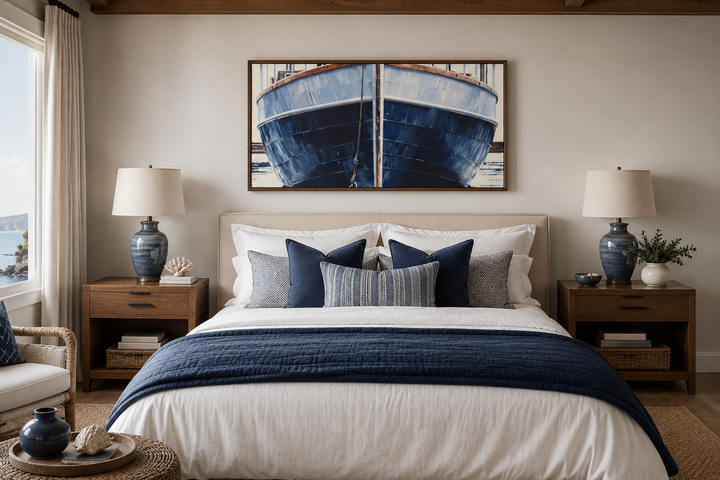 Navy blue rustic boat painting in a wood frame hanging above a bed in a nautical bedroom.