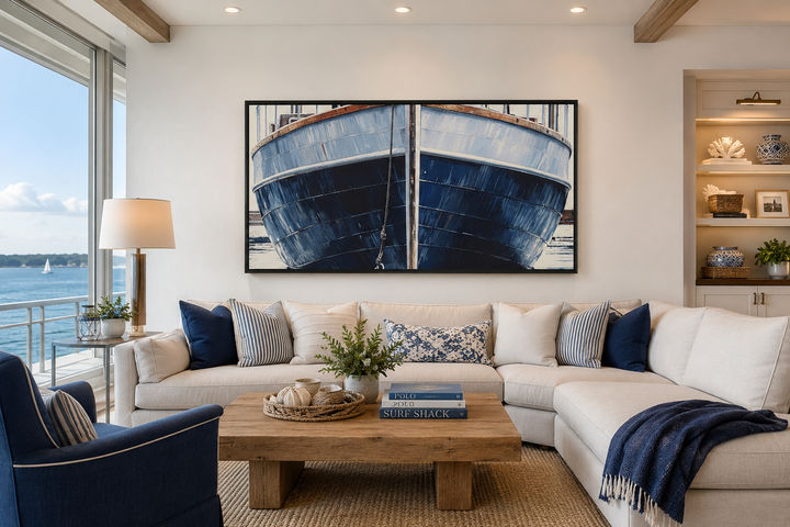 Large framed canvas wall art of a navy blue rustic boat hull above a white sectional sofa.