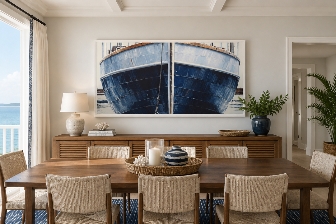 Navy blue rustic boat painting framed canvas wall art above a wooden sideboard in a dining room.