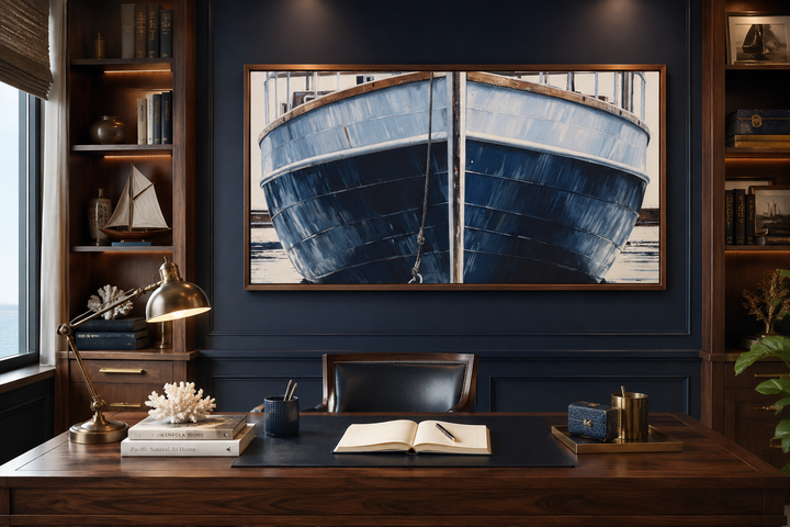 Navy blue rustic boat painting on framed canvas wall art in a nautical-themed office.