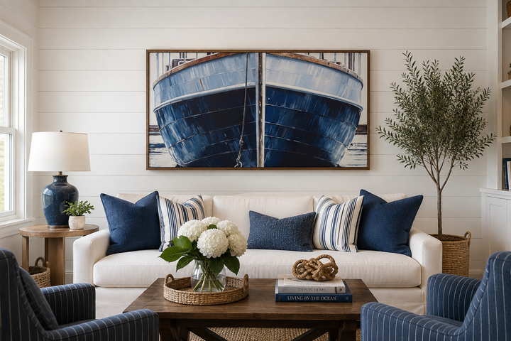 Navy blue rustic boat painting in a wood frame above a white sofa in a coastal living room.