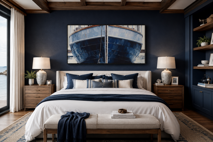 Navy blue rustic boat painting in a black frame hanging above a bed in a nautical bedroom.