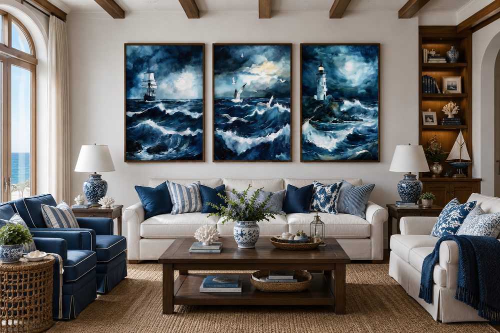 Set of 3 framed nautical canvas prints featuring a ship, seagulls, and lighthouse in stormy seas.