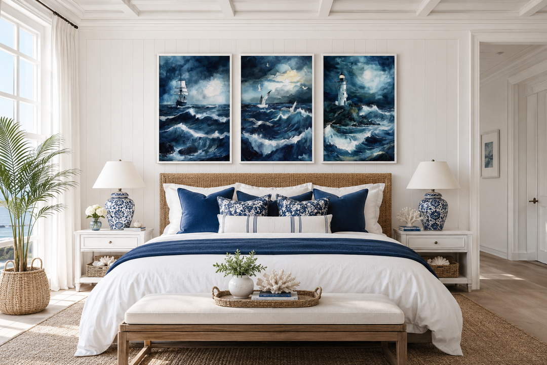 Set of 3 framed canvas prints featuring a lighthouse, sail ship, and seagulls in a stormy ocean.