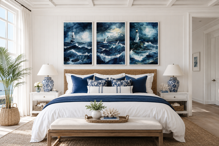 Set of 3 framed canvas prints featuring a lighthouse, sail ship, and seagulls in a stormy ocean.