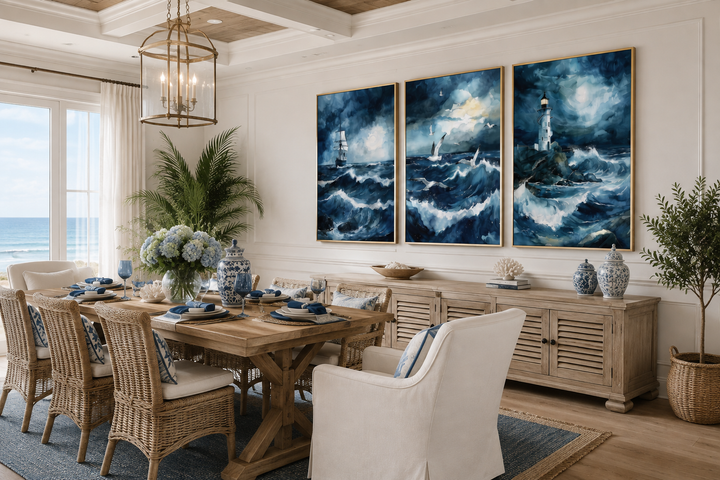 Set of 3 framed nautical canvas prints featuring a lighthouse, sail ship, and seagulls in a storm.
