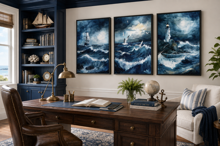 Set of 3 framed nautical canvas prints featuring a lighthouse, sail ship, and seagulls in a storm.