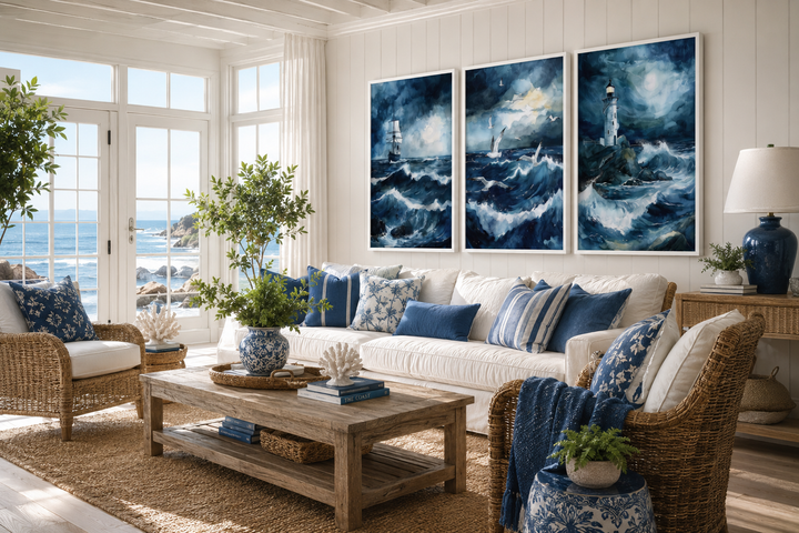 Set of 3 framed canvas prints featuring a lighthouse, sail ship, and seagulls in a stormy ocean.