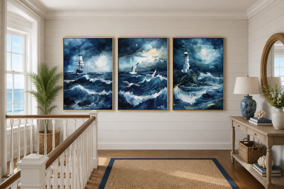 Set of 3 framed canvas prints featuring a lighthouse, sail ship, and seagulls in a stormy ocean.