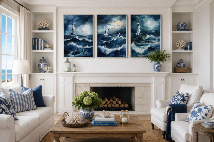 Set of 3 framed nautical canvas prints featuring a ship, seagulls, and lighthouse in a stormy ocean.