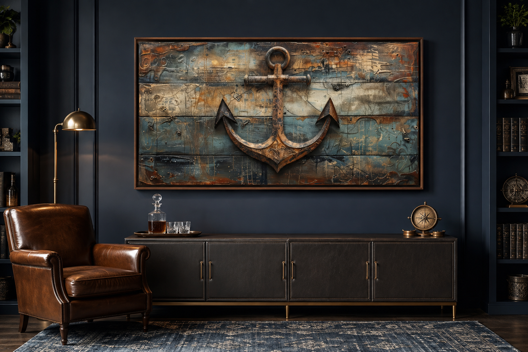 Nautical framed canvas wall art featuring a rusty ship's anchor painted on weathered wood panels.
