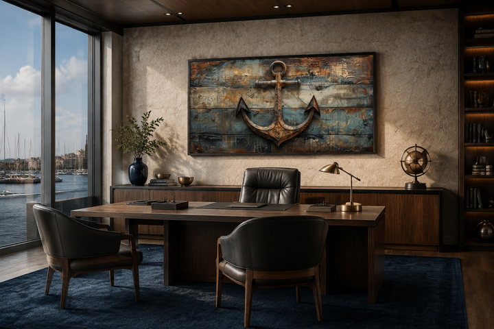 Nautical framed canvas wall art featuring a ship's anchor painted on a weathered wood background.