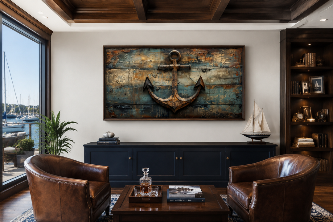 Ship's anchor painted on wood nautical framed canvas wall art above a blue console in a study.