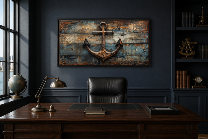 Framed canvas wall art of a rustic ship's anchor painted on weathered wood in a dark office setting.
