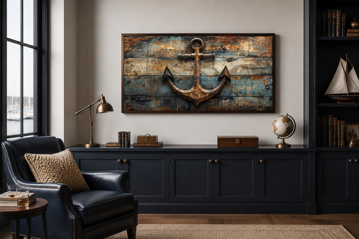 Framed canvas wall art of a rustic ship's anchor painted on weathered wood in a nautical room.