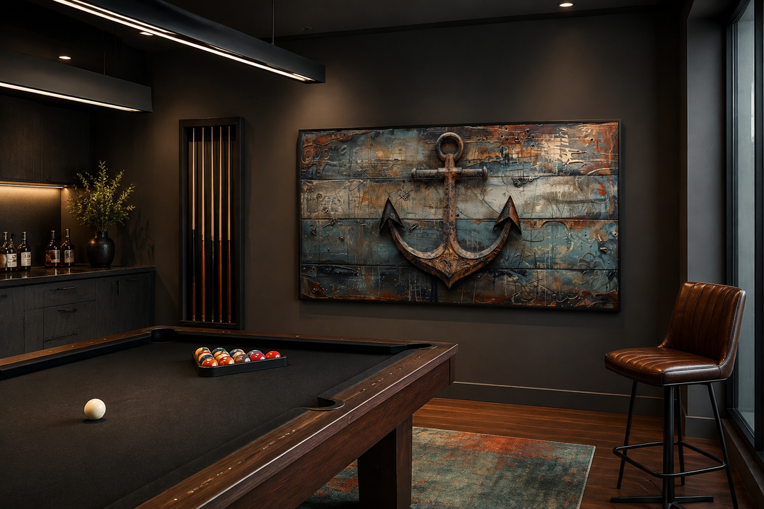 Nautical framed canvas wall art featuring a ship's anchor painted on a weathered wood background.