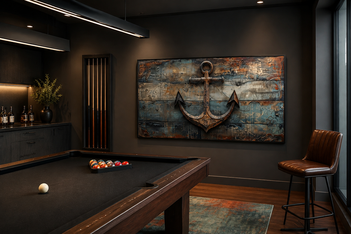 Nautical framed canvas wall art featuring a ship's anchor painted on a weathered wood background.