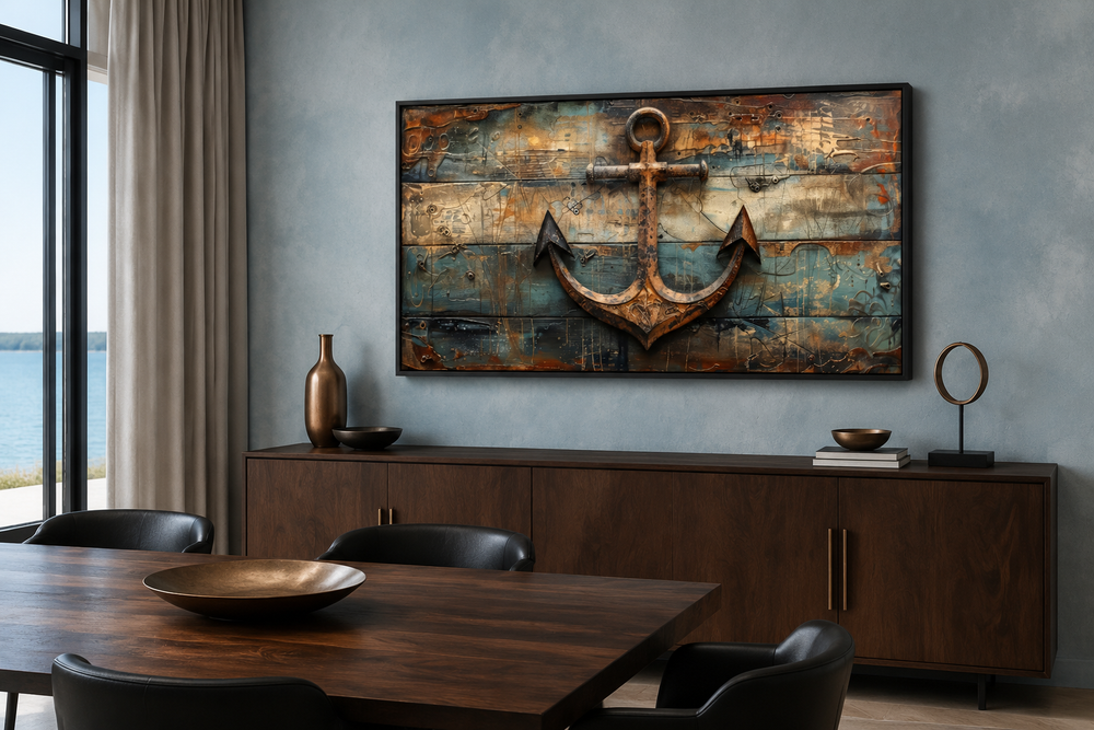 Nautical framed canvas wall art featuring a rusty ship's anchor painted on weathered wood.