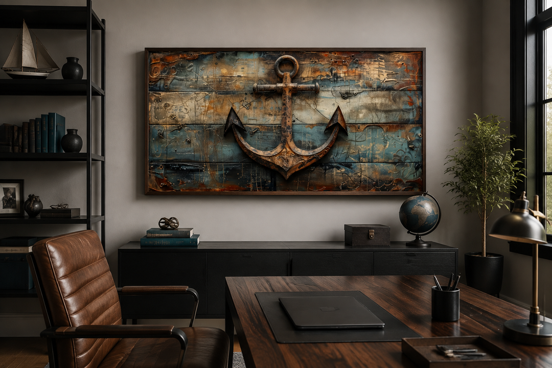 Framed canvas wall art of a rustic ship's anchor painted on weathered wood in an office setting.