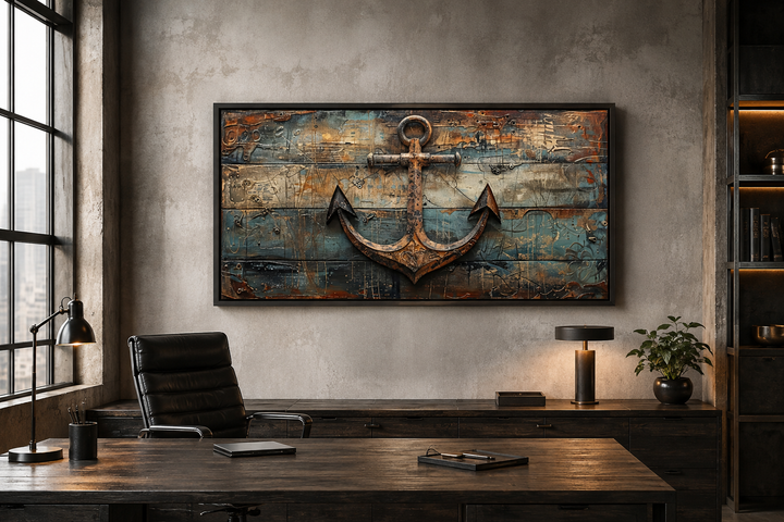 Nautical framed canvas wall art featuring a ship's anchor painted on a weathered wood background.
