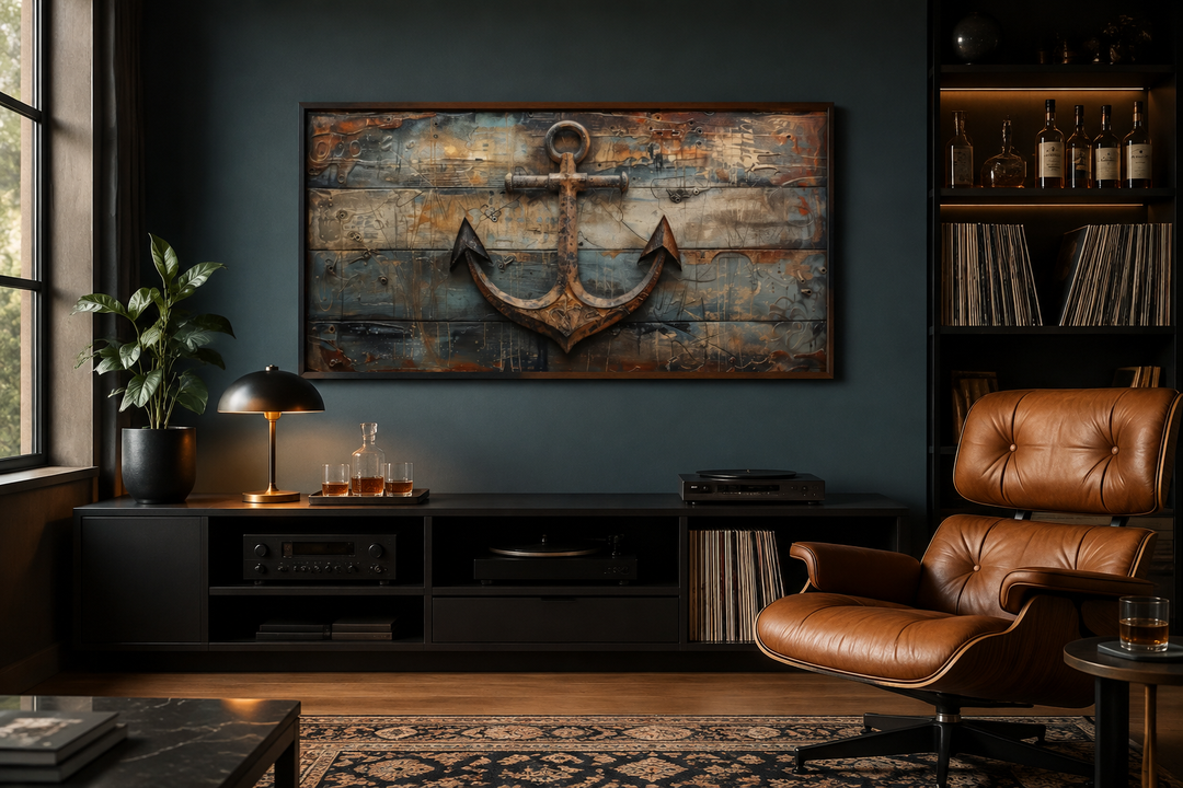 Nautical framed canvas wall art featuring a ship's anchor painted on a weathered wood background.