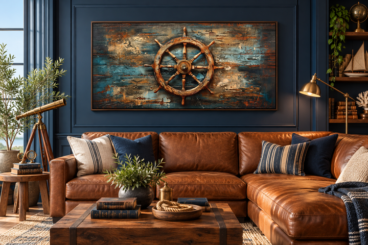Extra large framed canvas wall art of a rustic ship's helm painted on weathered wood.