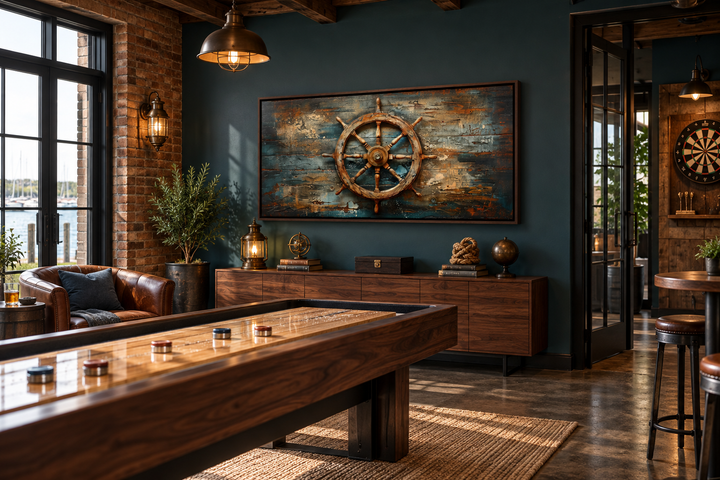 Extra large framed canvas wall art featuring a detailed ship's helm painted on a wood-grain texture.