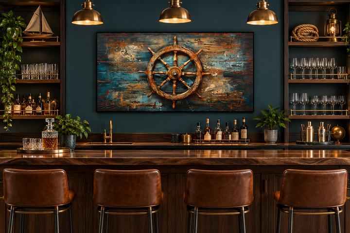Ship's helm painted on wood nautical framed canvas wall art hanging above a dark wood home bar.