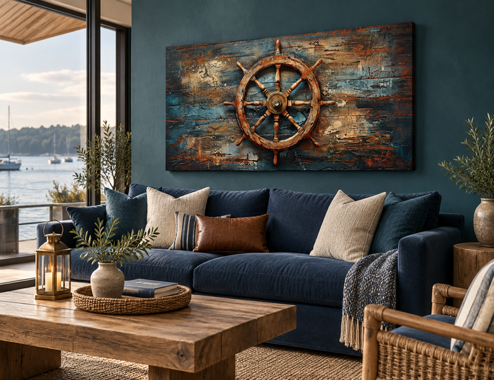 Extra large framed canvas wall art of a ship's helm painted on weathered wood above a blue sofa.