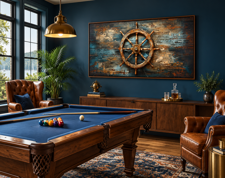 Extra large framed canvas wall art featuring a rustic ship's helm painted on weathered wood.