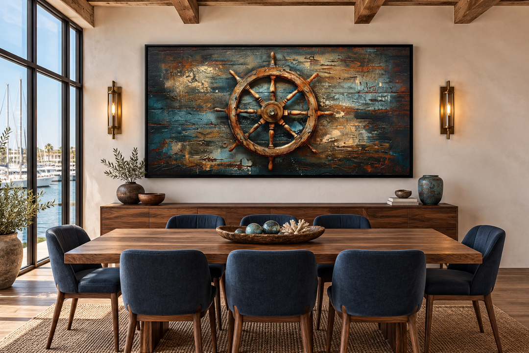 Large framed canvas wall art of a ship's helm painted on weathered wood in a modern dining room.