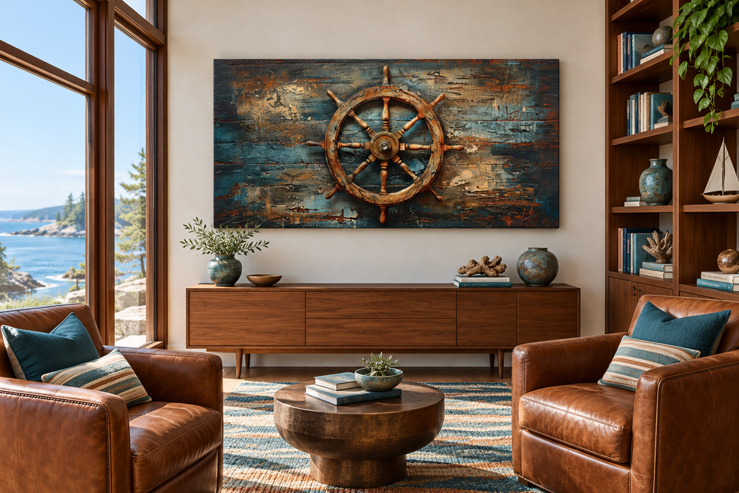 Extra large framed canvas wall art featuring a detailed ship's helm painted on weathered wood.