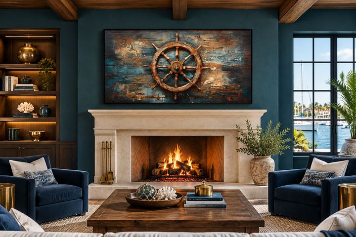 Extra large framed canvas wall art of a ship's helm painted on weathered wood above a fireplace.