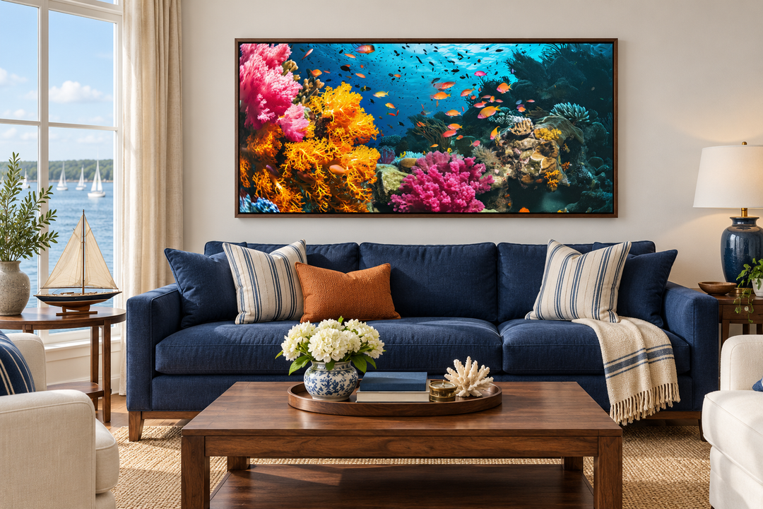 Underwater coral reef and fish photography style wall art in a coastal living room.