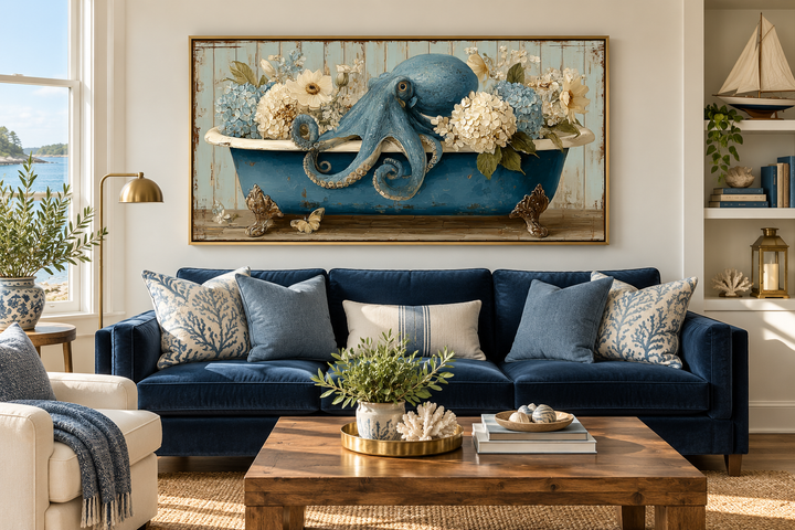 Octopus in a blue clawfoot bathtub with flowers, framed canvas wall art above a navy blue sofa.