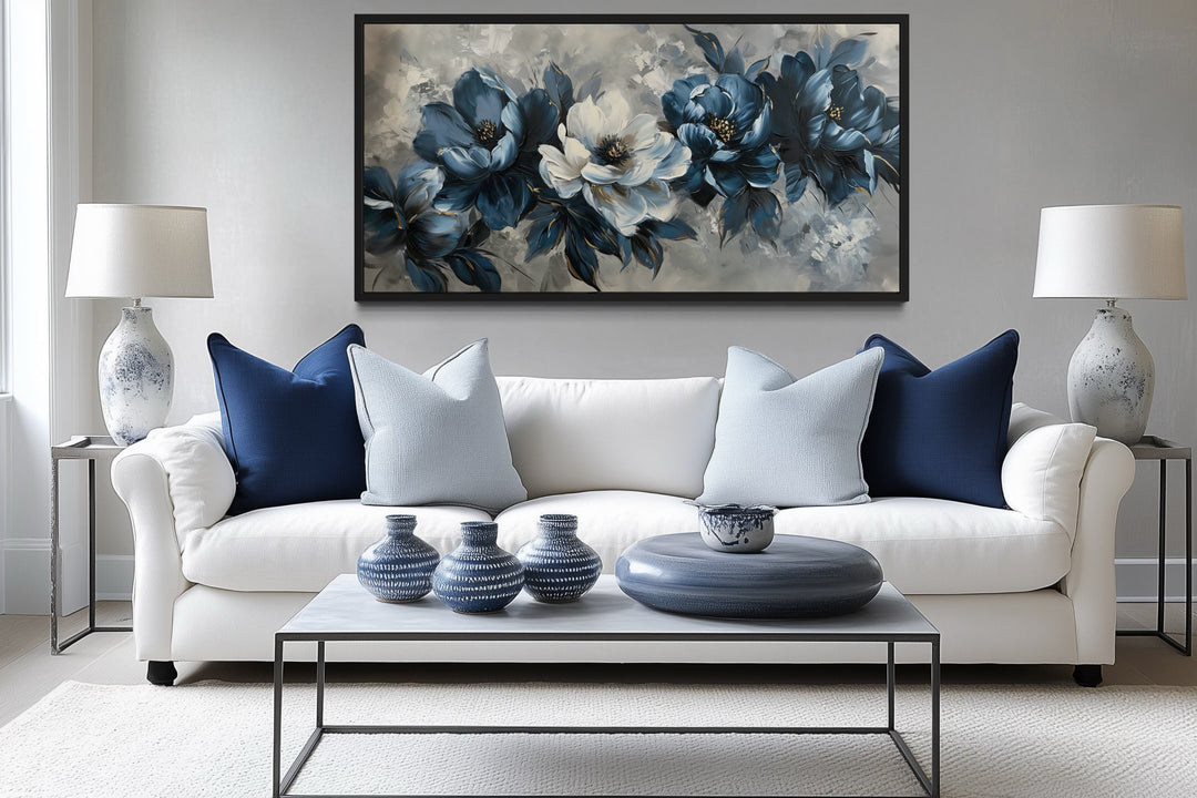 Navy Blue Abstract Flowers Framed Canvas Wall Art For Living Room