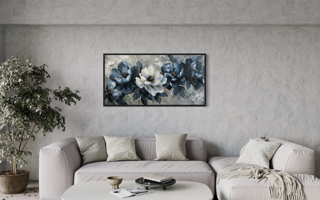 Navy Blue Abstract Flowers Framed Canvas Wall Art For Living Room