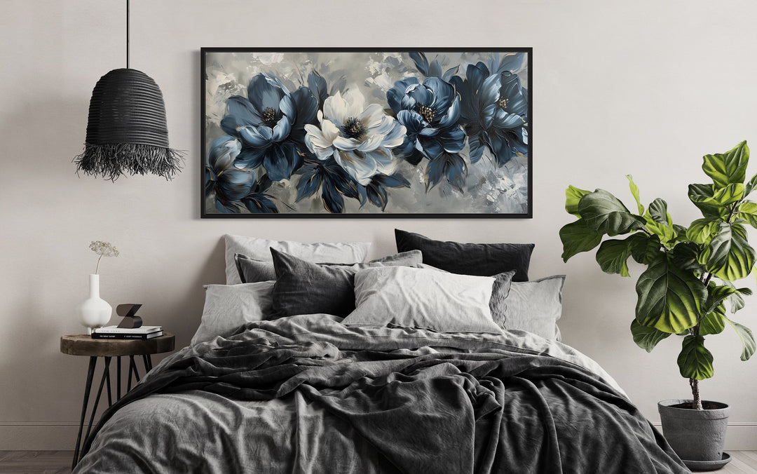 Navy Blue Abstract Flowers Framed Canvas Wall Art For Living Room