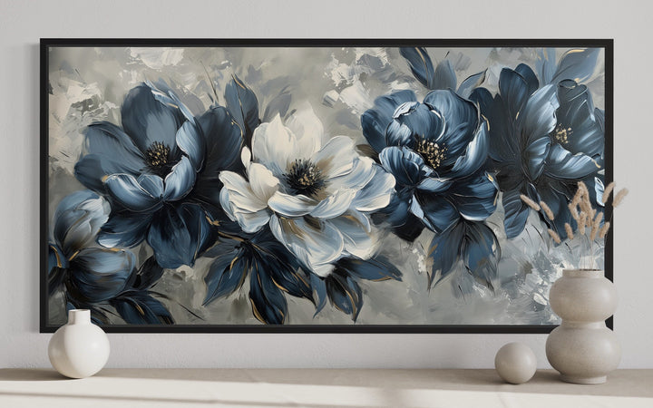 Navy Blue Abstract Flowers Framed Canvas Wall Art For Living Room