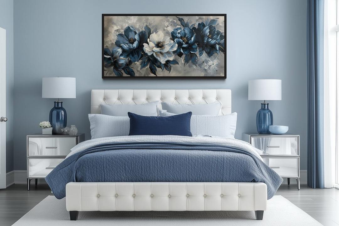 Navy Blue Abstract Flowers Framed Canvas Wall Art For Living Room