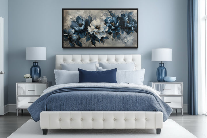 Navy Blue Abstract Flowers Framed Canvas Wall Art For Living Room