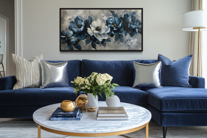 Navy Blue Abstract Flowers Framed Canvas Wall Art For Living Room