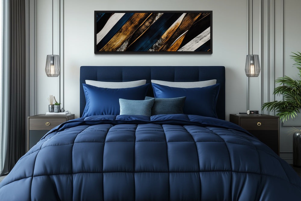 Navy Blue And Gold Long Horizontal Narrow Modern Rustic Framed Canvas Wall Art