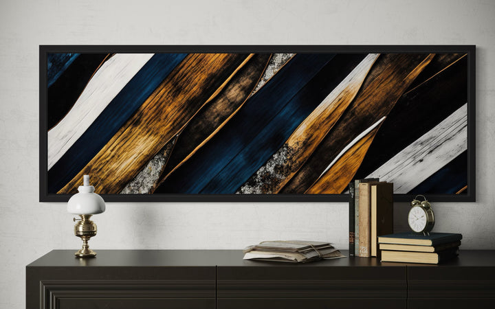Navy Blue And Gold Long Horizontal Narrow Modern Rustic Framed Canvas Wall Art