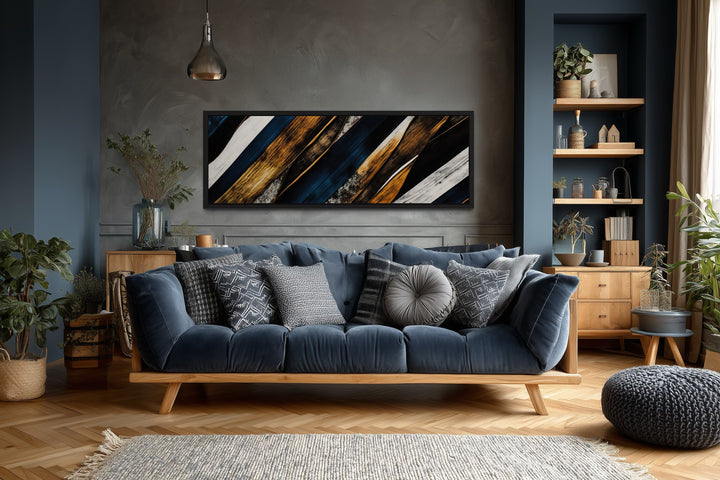 Navy Blue And Gold Long Horizontal Narrow Modern Rustic Framed Canvas Wall Art