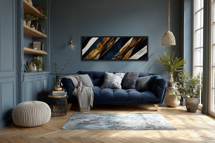 Navy Blue And Gold Long Horizontal Narrow Modern Rustic Framed Canvas Wall Art