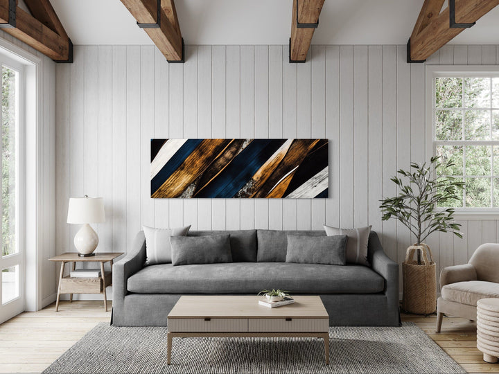 Navy Blue And Gold Long Horizontal Narrow Modern Rustic Framed Canvas Wall Art